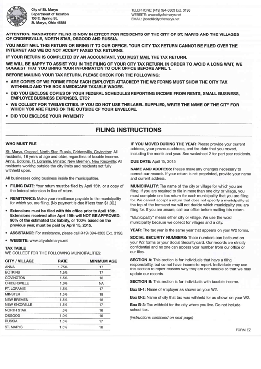 Form Ez Filing Instructions - City Of St. Marys, Ohio Printable pdf