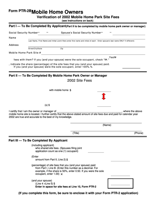 Form Ptr-2b - Mobile Home Owners-Verification Of 2002 Mobile Home Park Site Fees Printable pdf