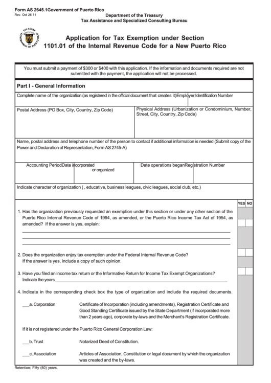 Form As 2645.1 - Application For Tax Exemption Under Section 1101.01 Of The Internal Revenue Code For A New Puerto Rico Printable pdf