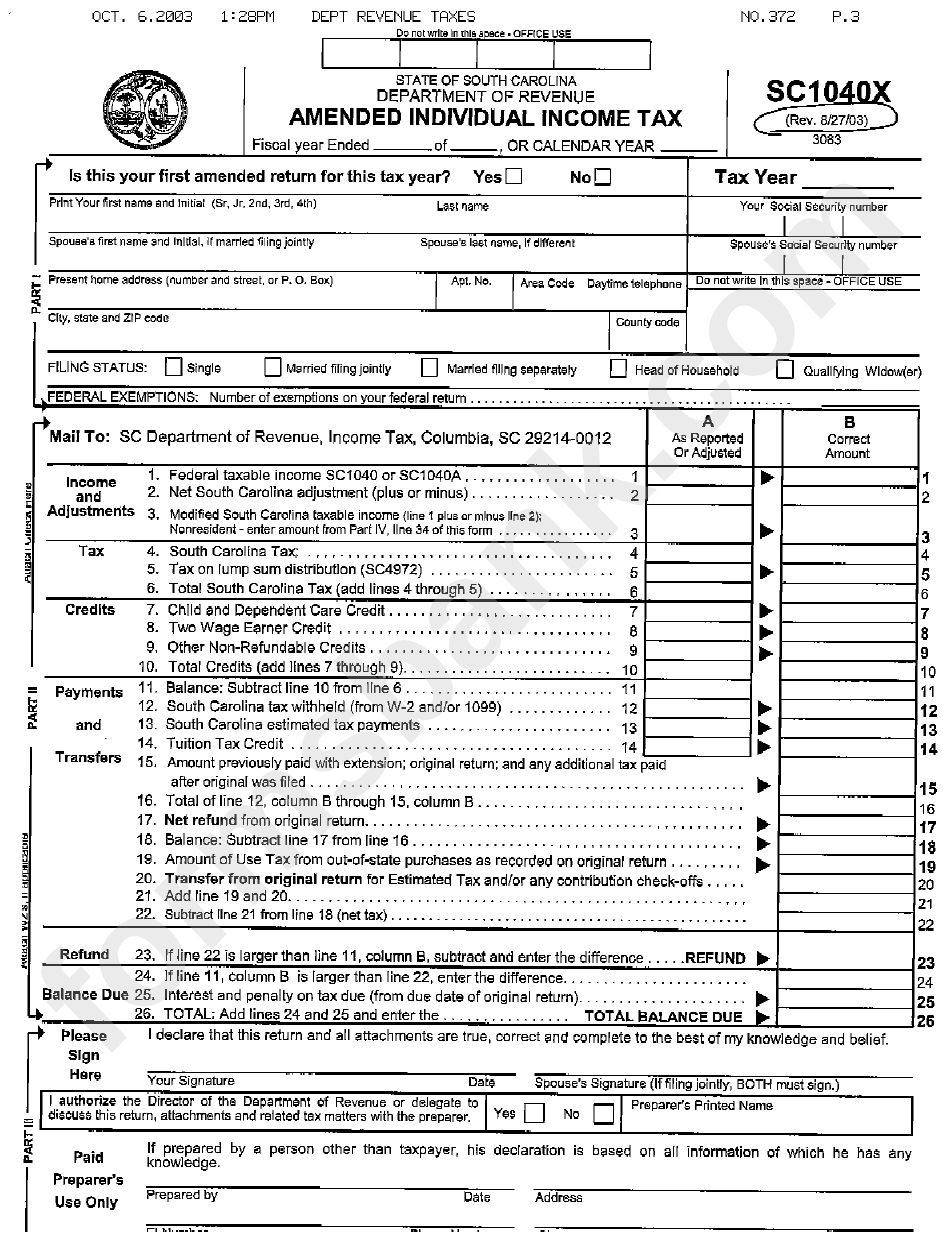 Form Sc1040x - Amended Individual Income Tax - South Carolina Department Of Revenue