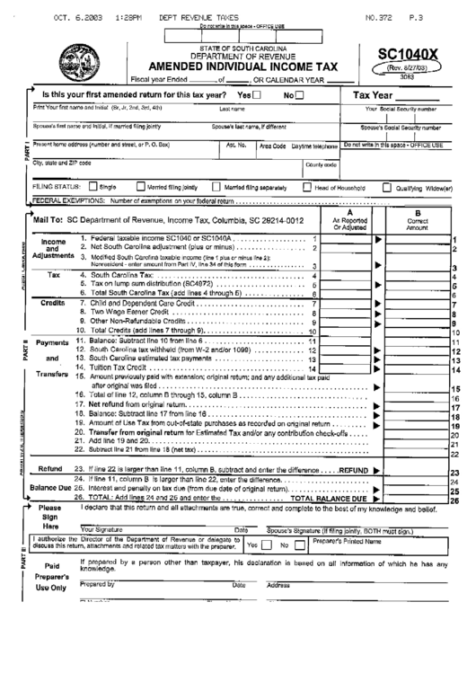 Form Sc1040x - Amended Individual Income Tax - South Carolina Department Of Revenue Printable pdf