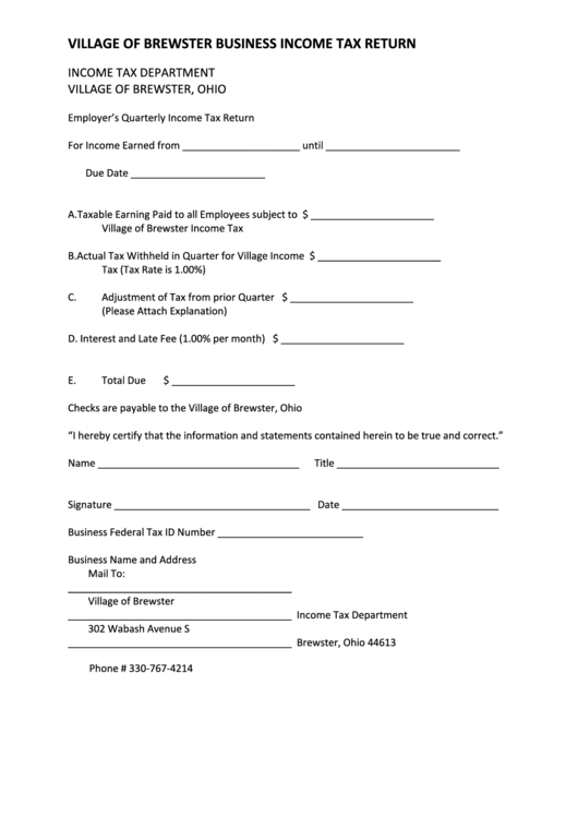 Village Of Brewster Business Income Tax Return Form - Income Tax Department - Ohio Printable pdf