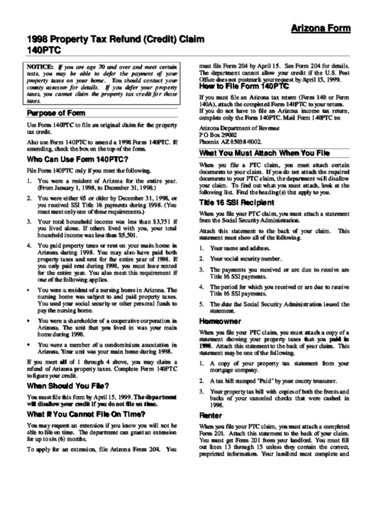 Instructions For Property Tax Refund (Credit) Claim Arizona Form 140ptc - 1998 Printable pdf