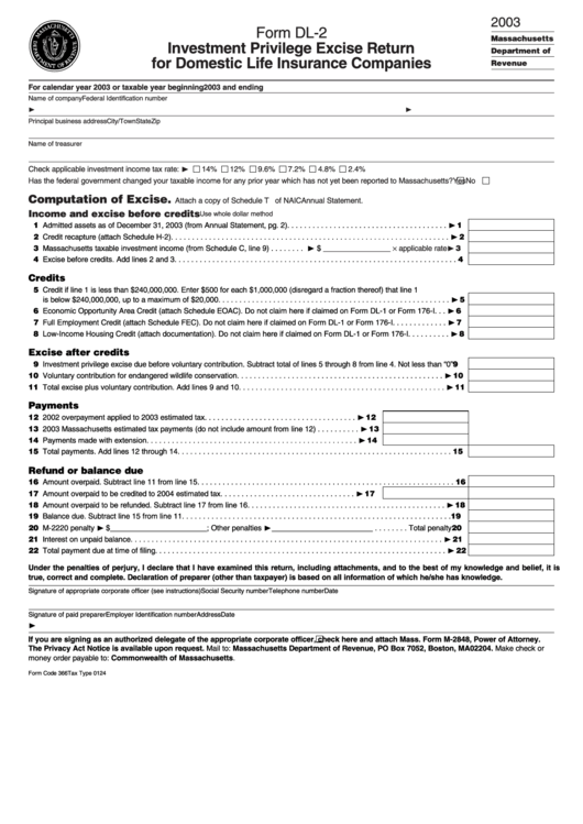 Form Dl-2 - Investment Privilege Excise Return For Domestic Life Insurance Companies - Massachusetts Department Of Revenue - 2003 Printable pdf
