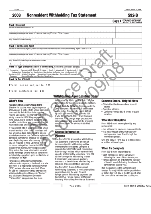 Fillable Form 592-B Draft - Nonresident Withholding Tax Statement - 2008 Printable pdf