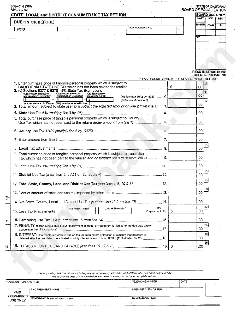 Form Boe-41-E (S1f) - State, Local And District Consumer Use Tax Return - California Board Of Equalization