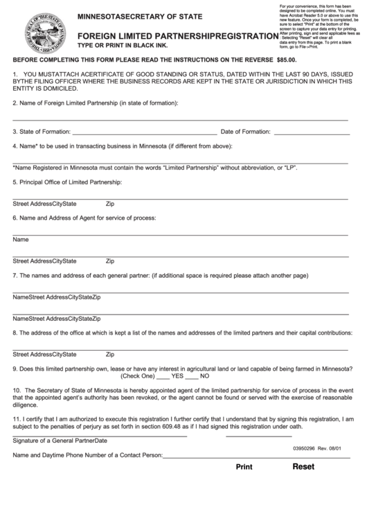 Fillable Foreign Limited Partnership Registration Form - Minnesota Secretary Of State - 2001 Printable pdf