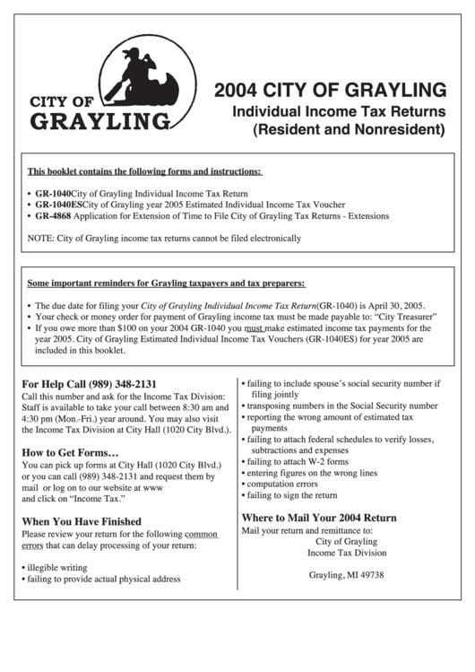 Individual Income Tax Returns Forms (Resident And Nonresident) - City Of Grayling - 2004 Printable pdf