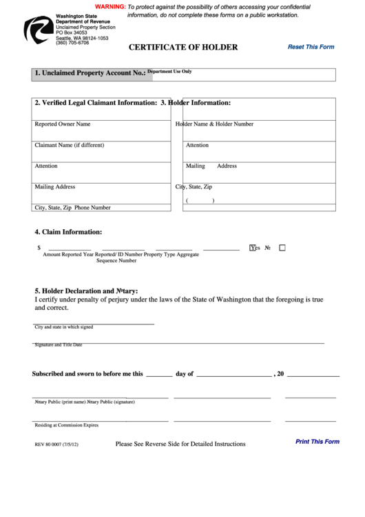 Fillable Form Rev 80 0007 - Certificate Of Holder - Washington State Department Of Revenue Printable pdf