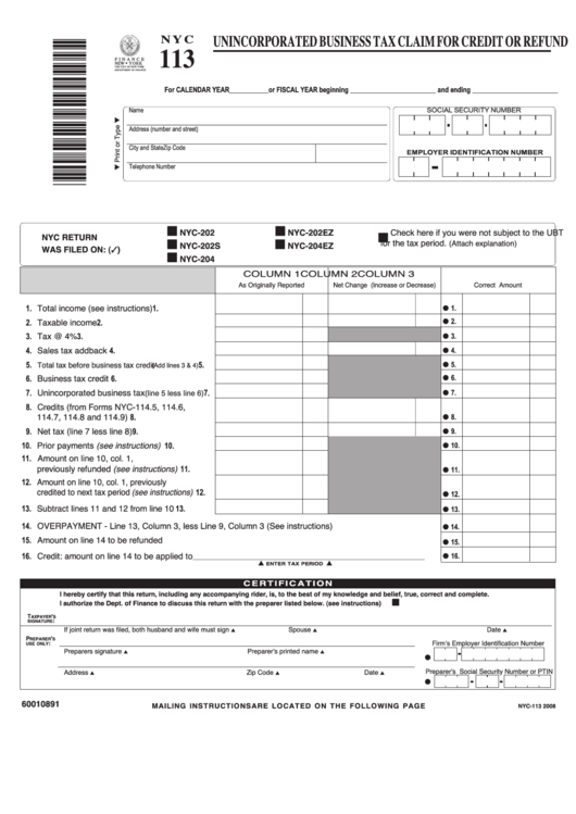 Form Nyc-113 - Unincorporated Business Tax Claim For Credit Or Refund - 2008 Printable pdf