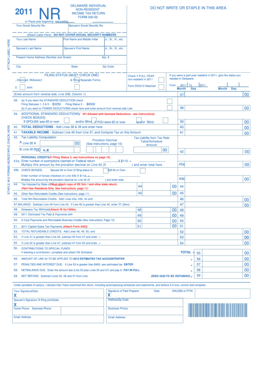 Fillable Form 200-02 - Delaware Individual Non-Resident Income Tax Return - 2011 Printable pdf