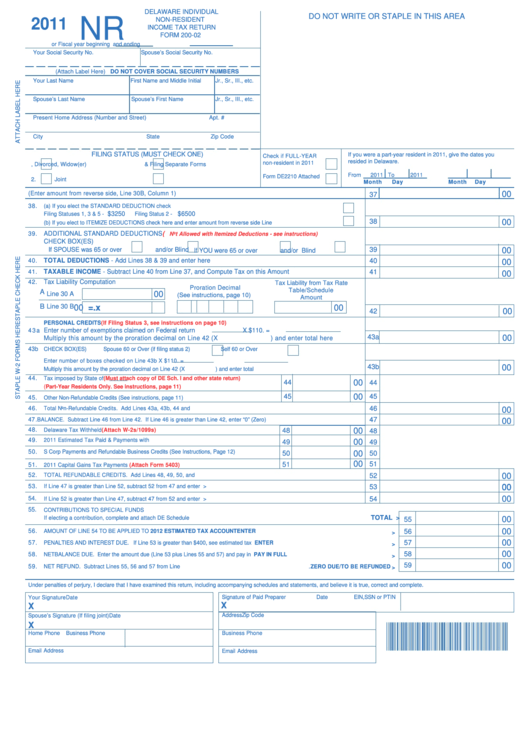 Fillable Form 200-02 - Delaware Individual Non-Resident Income Tax ...