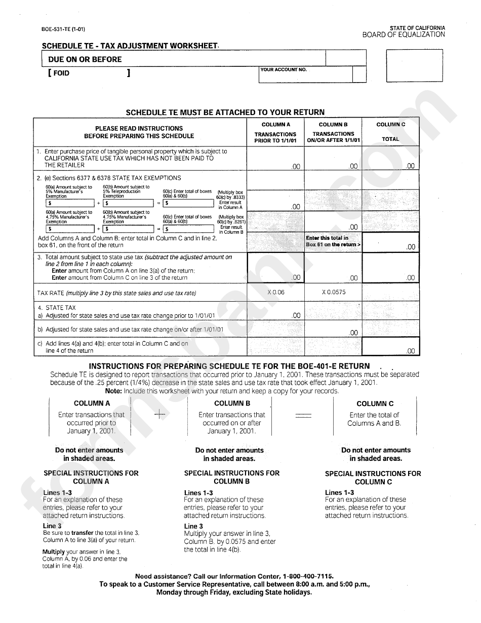 Form Boe-531-Te - Schedule Te - Tax Adjustment Worksheet