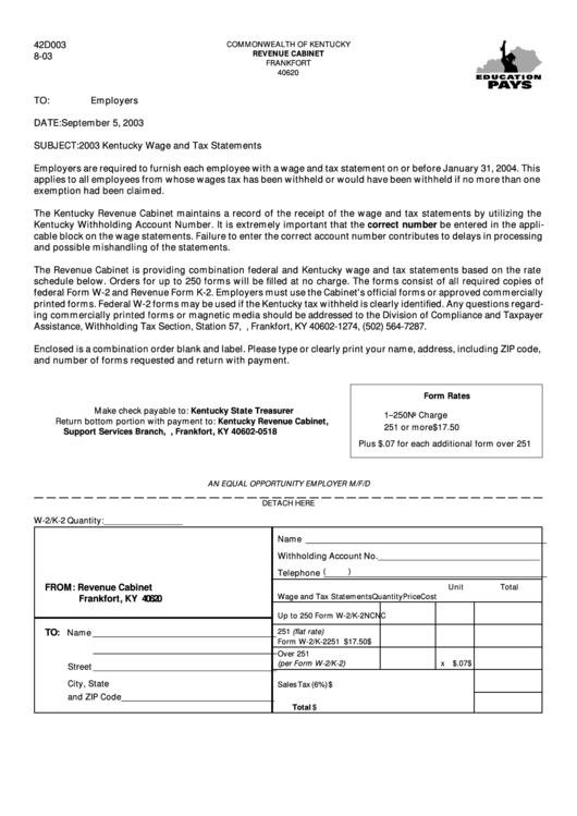 Form 42d003 - Kentucky Wage And Tax Statements - Kentucky Revenue Cabinet - 2003 Printable pdf