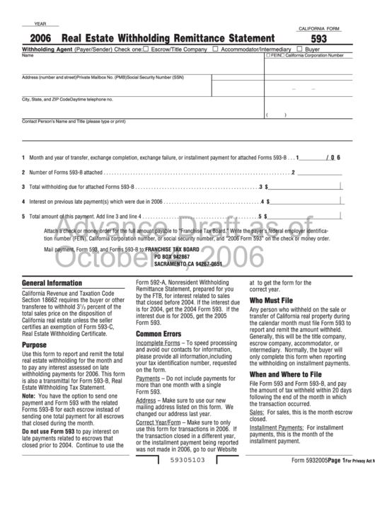 California Form 593 Draft - Real Estate Withholding Remittance Statement - 2006 Printable pdf