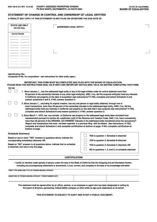 Fillable Form Boe-100-B - Statement Of Change In Control And Ownership Of Legal Entities Printable pdf