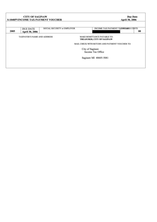 Fillable Form S-1040pv - City Of Saginaw Income Tax Payment Voucher Printable pdf