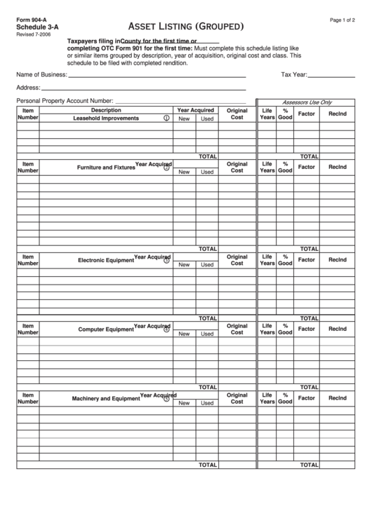 Fillable Form 904-A - Asset Listing (Grouped) Printable pdf