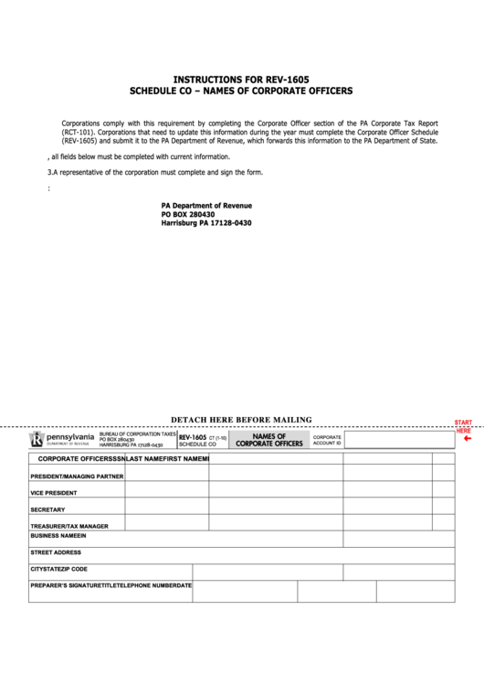 Fillable Form Rev-1605 - Name Of Corporate Officers Printable pdf