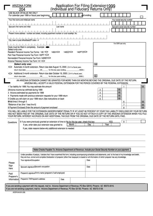Form 204 - Application For Filing Extension (Individual And Fiduciary Returns Only) - 1999 Printable pdf