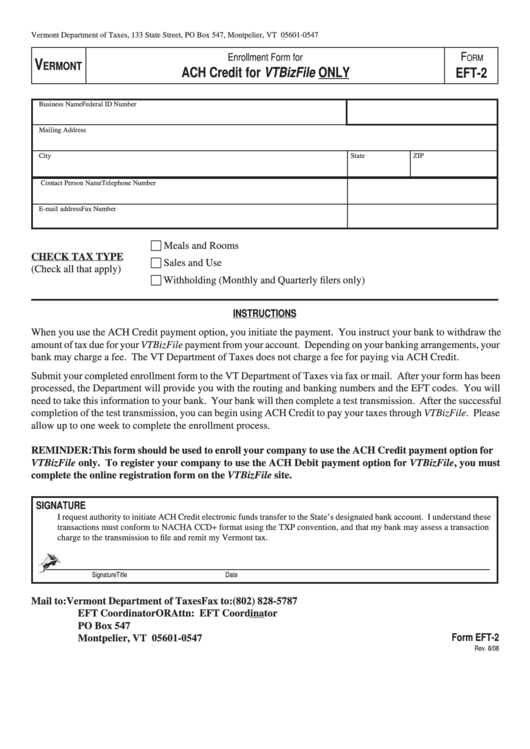 Form Eft-2 - Ach Credit For Vtbizfile Only Printable pdf