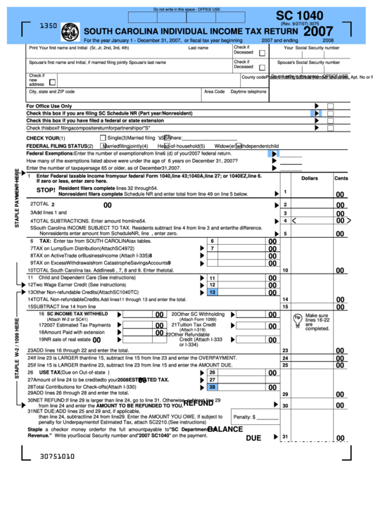 Form Sc 1040 - South Carolina Individual Income Tax Return - 2007 Printable pdf