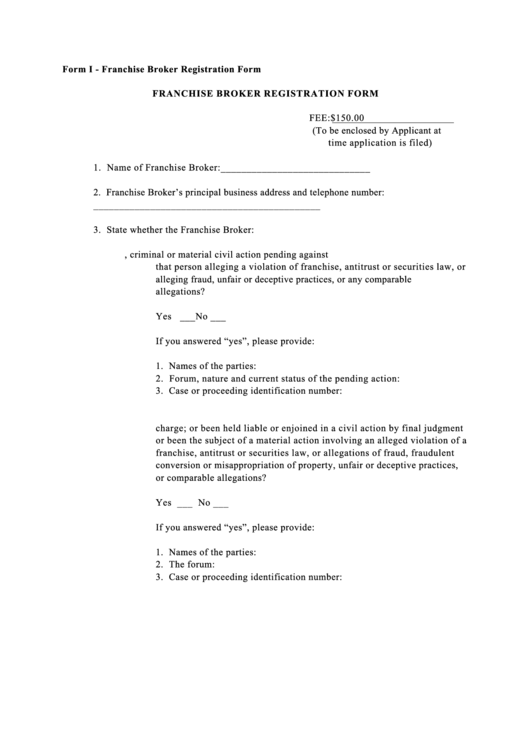 Form I - Franchise Broker Registration Printable pdf