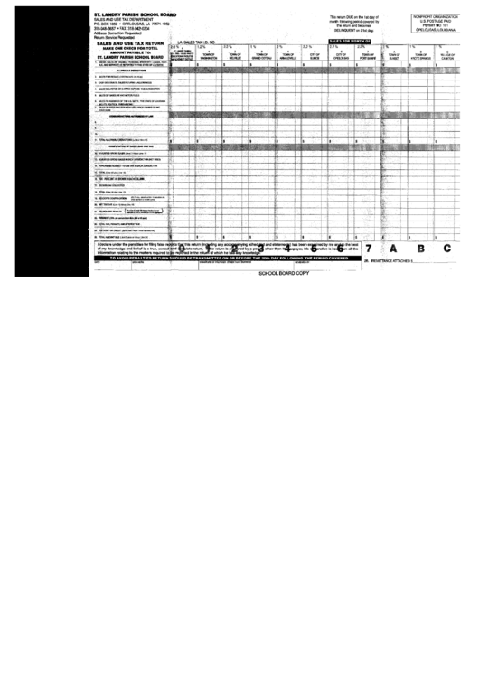 Sales And Use Tax Return - St. Landry Parish School Board Printable pdf