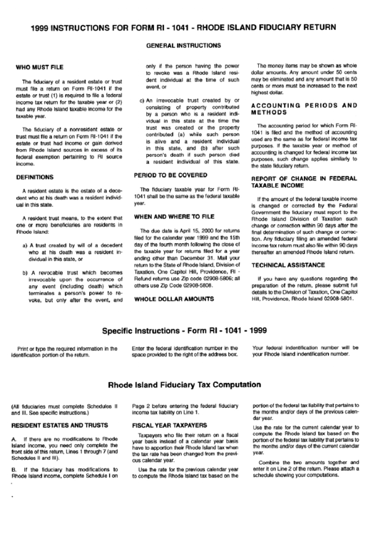 1999 Instructions For Form Ri-1041 - Rhode Island Fiduciary Return Printable pdf