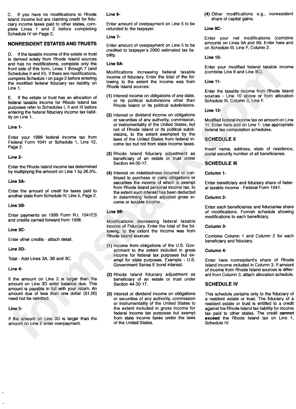1999 Instructions For Form Ri-1041 - Rhode Island Fiduciary Return