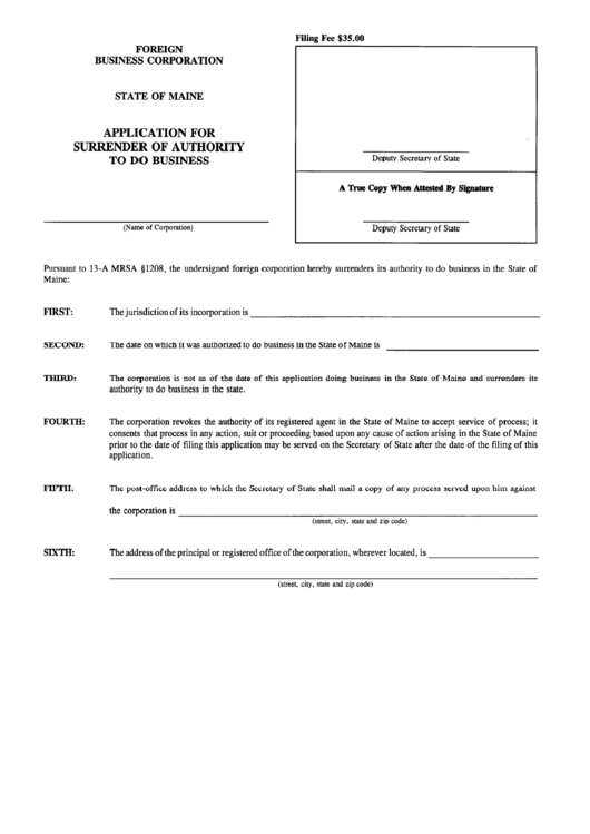 Form Mbca-12b - Application For Surrender Of Authority To Do Busine Printable pdf