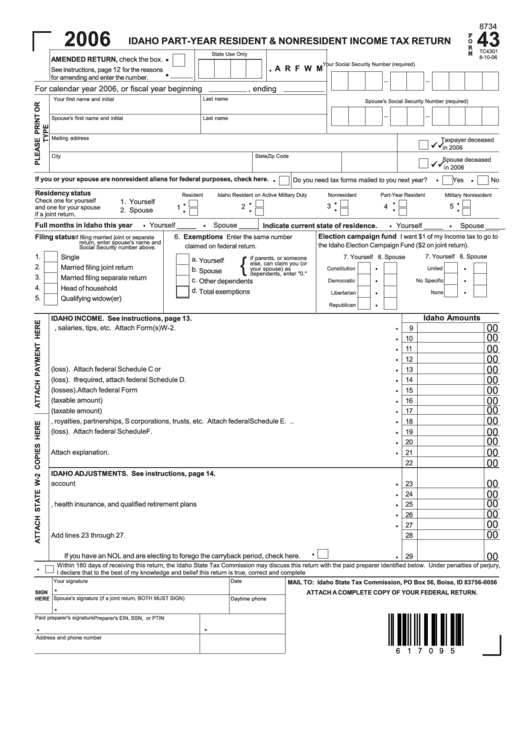Fillable Form 43 - Idaho Part-Year Resident & Nonresident Income Tax Return - 2006 Printable pdf