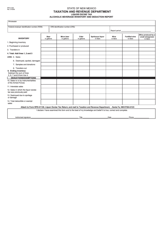 Form Rpd-41294 - Liquor Excise Tax Alcoholic Beverage Inventory And Deduction Report Printable pdf