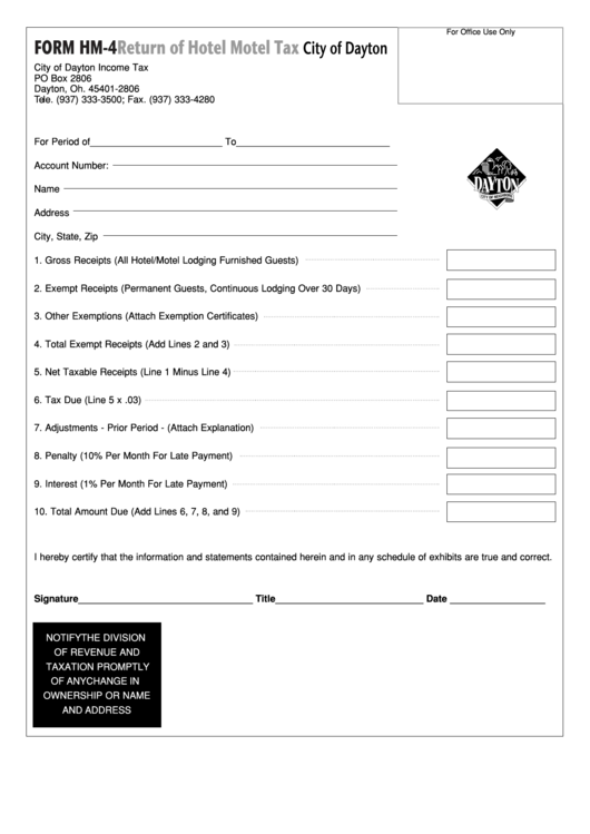 Form Hm-4 - Return Of Hotel Motel Tax - City Of Dayton Printable pdf