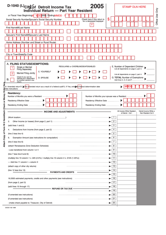 Form D-1040 (L) - City Of Detroit Income Tax Individual Return - Part Year Resident - 2005 Printable pdf