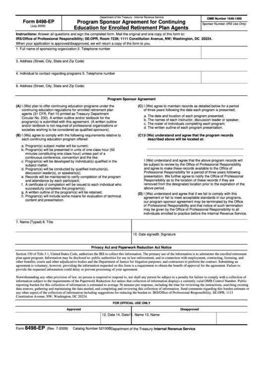 Fillable Form 8498-Ep - Program Sponsor Agreement For Continuing Education For Enrolled Retirement Plan Agents Printable pdf