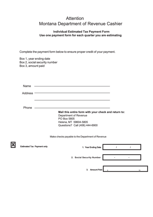 Fillable Individual Estimated Tax Payment Form - Montana Department Of Revenue Printable pdf