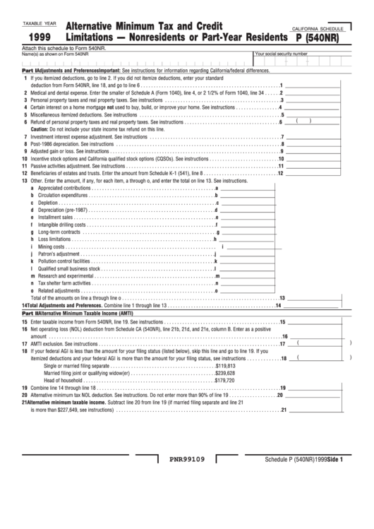 California Schedule P (540nr) - Alternative Minimum Tax And Credit Limitations - Nonresidents Or Part-Year Residents - 1999 Printable pdf