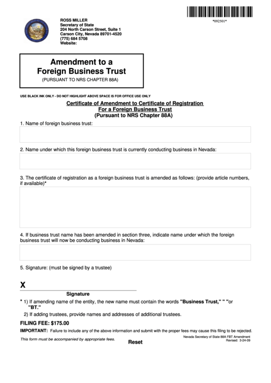 Fillable Amendment To A Foreign Business Trust Printable pdf