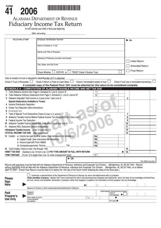 Form 41 Draft - Fiduciary Income Tax Return-Alabama Department Of Revenue- 2006 Printable pdf