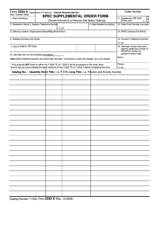 Fillable Form 2333 X - Spec Supplemental Order Form - 2008 Printable pdf