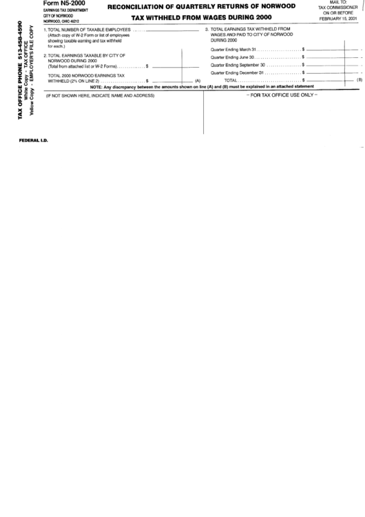 Form N5-2000 - Reconciliation Of Quarterly Returns Of Norwood Tax ...