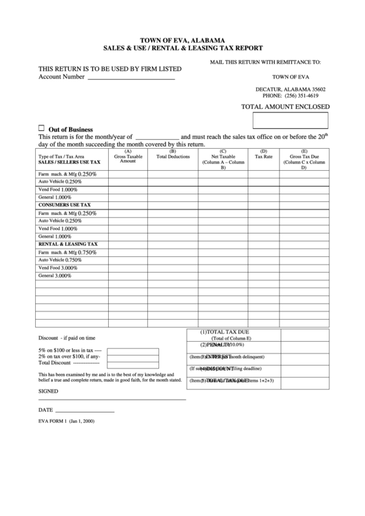 Form 1 - Sales & Use / Rental & Leasing Tax Report - Town Of Eva, Alabama - 2000 Printable pdf