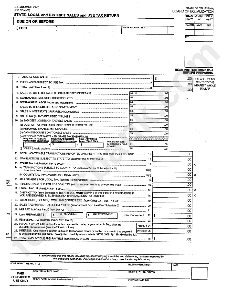 Form Rev. 52 - State- Local And District Sales And Use Tax Return - California Board Of Equalization