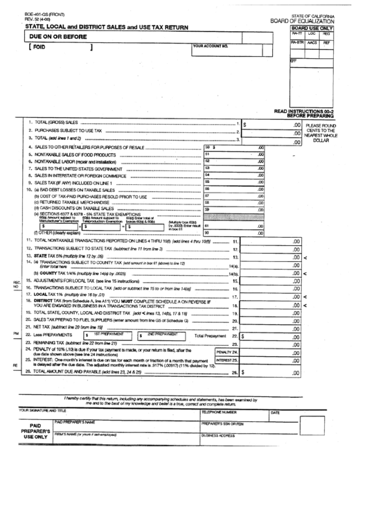 Form Rev. 52 - State- Local And District Sales And Use Tax Return - California Board Of Equalization Printable pdf