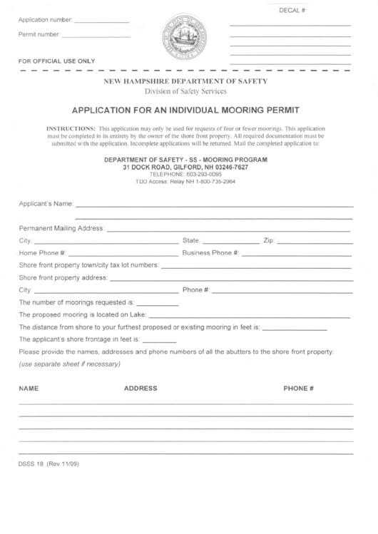 Form Dsss 18 - Application For An Individual Mooring Permit - 1999 Printable pdf