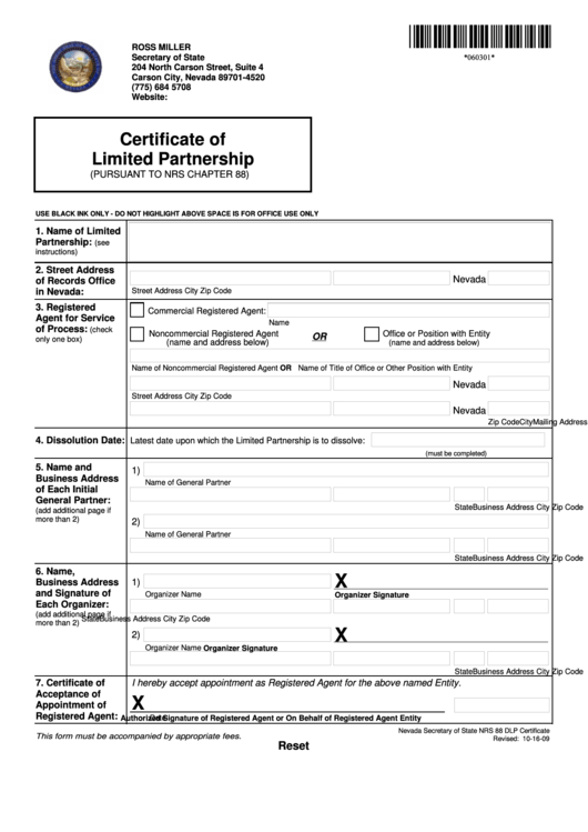 Fillable Certificate Of Limited Partnership (Pursuant To Nrs Chapter 88) Printable pdf