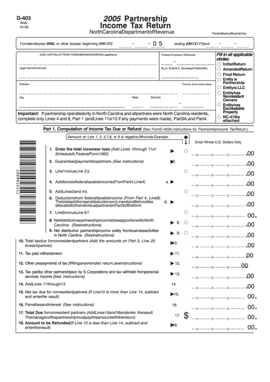 Form D-403 - Partnership Income Tax Return - 2005, Form Nc K-1 - Parther