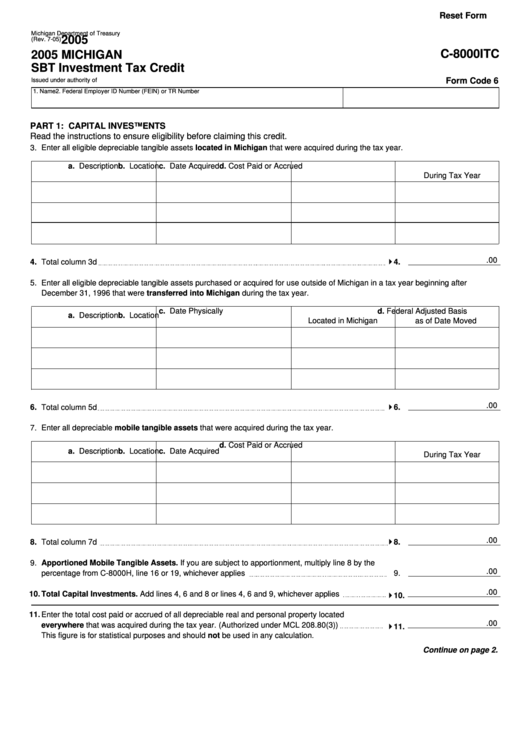 Fillable Form C-8000itc - Michigan Sbt Investment Tax Credit - 2005 Printable pdf