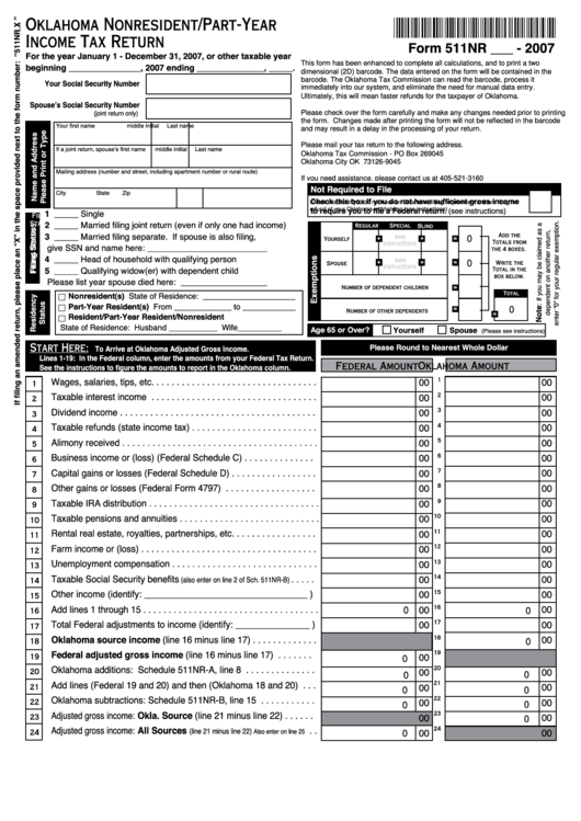 Fillable Form 511nr - Oklahoma Nonresident/part-Year Income Tax Return - 2007 Printable pdf